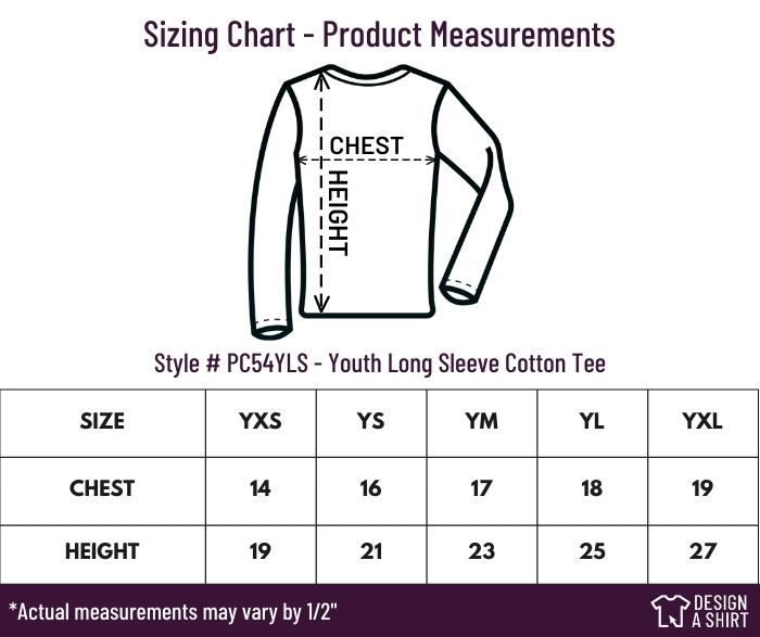 PC54YLS - Port and Company Youth Long Sleeve Core Cotton Tee Size Chart