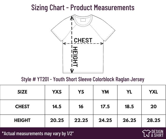 YT201 - Sport-Tek Youth Short Sleeve Colorblock Raglan Jersey Size Chart