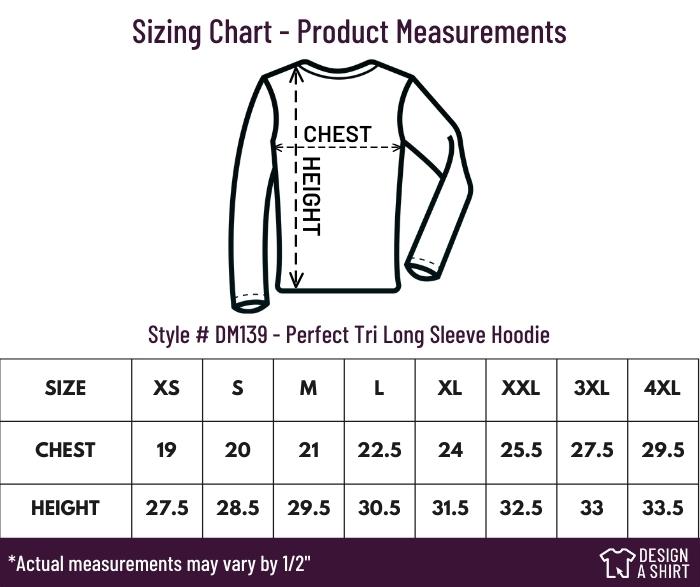DM139 - District Made Mens Perfect Tri Long Sleeve Hoodie Size Chart