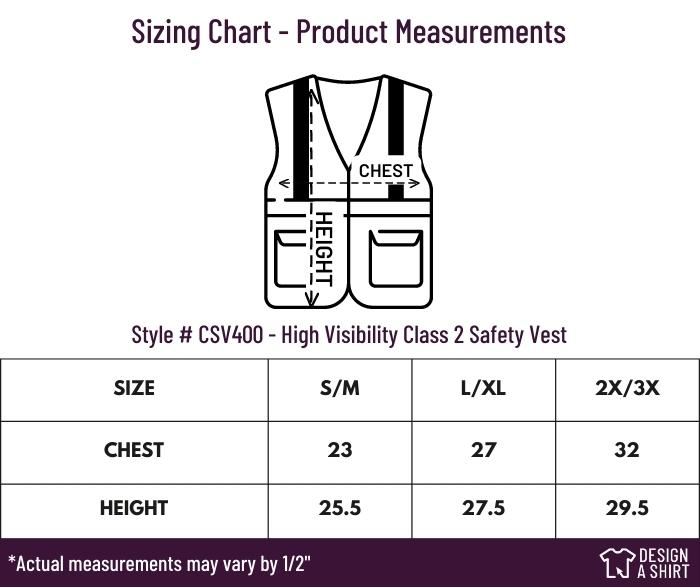 CSV400 - CornerStone Safety Vest Size Chart