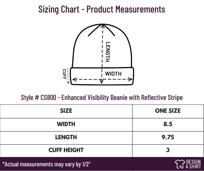 CS800 - CornerStone Visibility Beanie with Reflective Stripe Size Chart