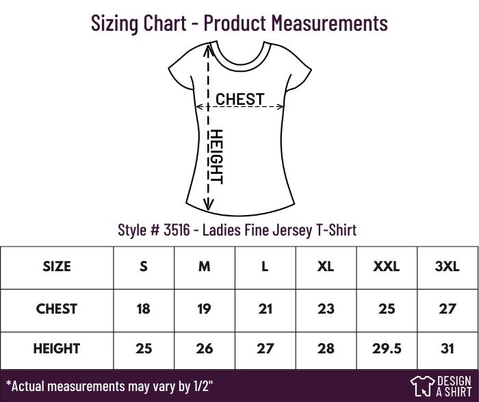 3516 - LAT Ladies Fine Jersey T-Shirt Size Chart
