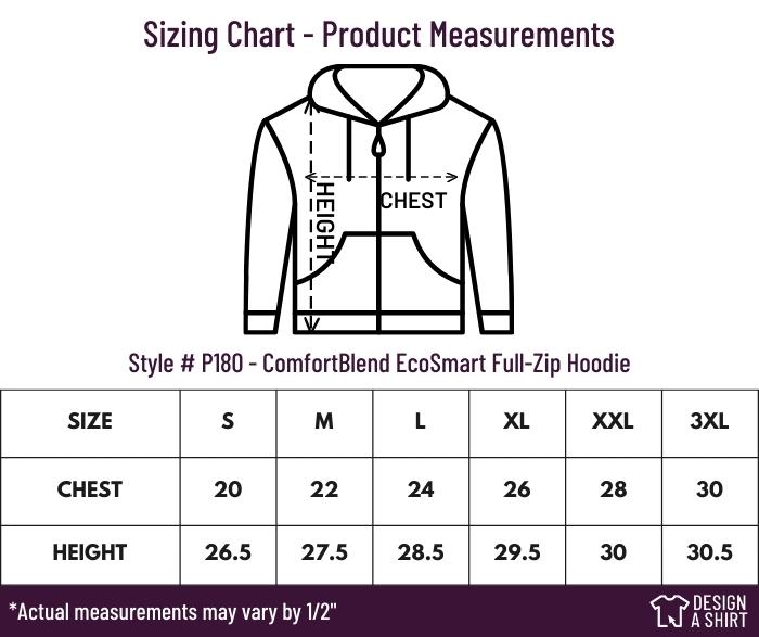 P180 - Hanes ComfortBlend EcoSmart Full-Zip Hoodie Size Chart