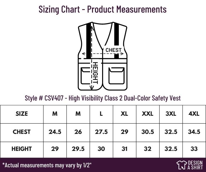 CSV407  - CornerStone ANSI 107 Class 2 Safety Vest Size Chart
