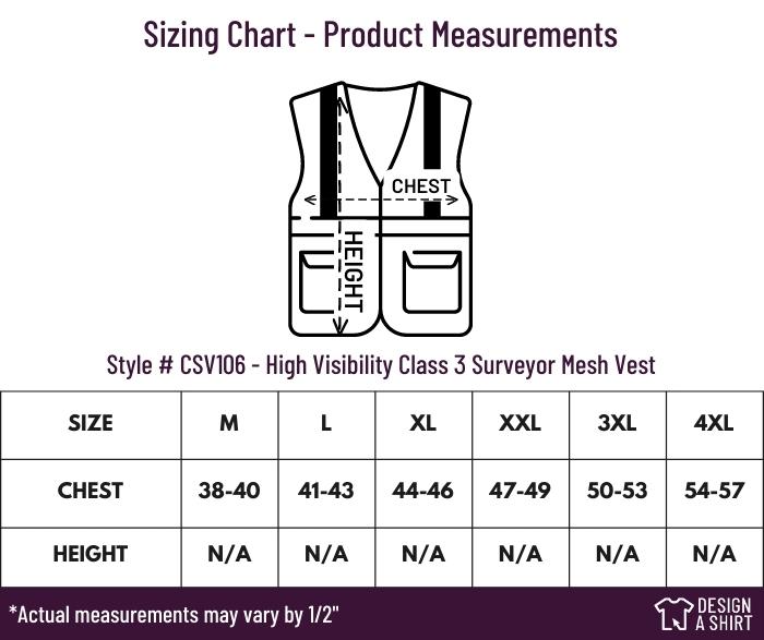CSV106 - CornerStone ANSI 107 Class 3 Surveyor Mesh Zippered Vest Size Size Chart